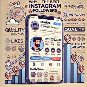 Instagram profile gaining real followers with Shafaei’s logo, quality badges, and growth charts, highlighting Shafaei as the best choice for real Instagram follower growth.