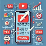 Illustration representing why YouTube views matter for channel growth, featuring a smartphone with rising view counts, growth arrows, social proof, engagement, and credibility symbols.