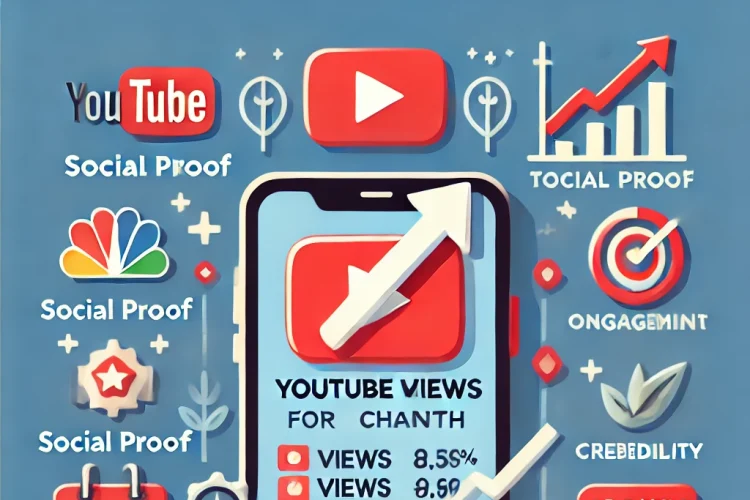 Illustration representing why YouTube views matter for channel growth, featuring a smartphone with rising view counts, growth arrows, social proof, engagement, and credibility symbols.